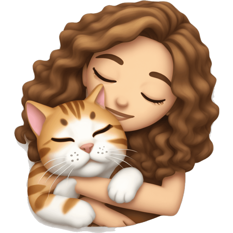 extremely light skin girl with brown hair sleeping with cute bengal cat emoji