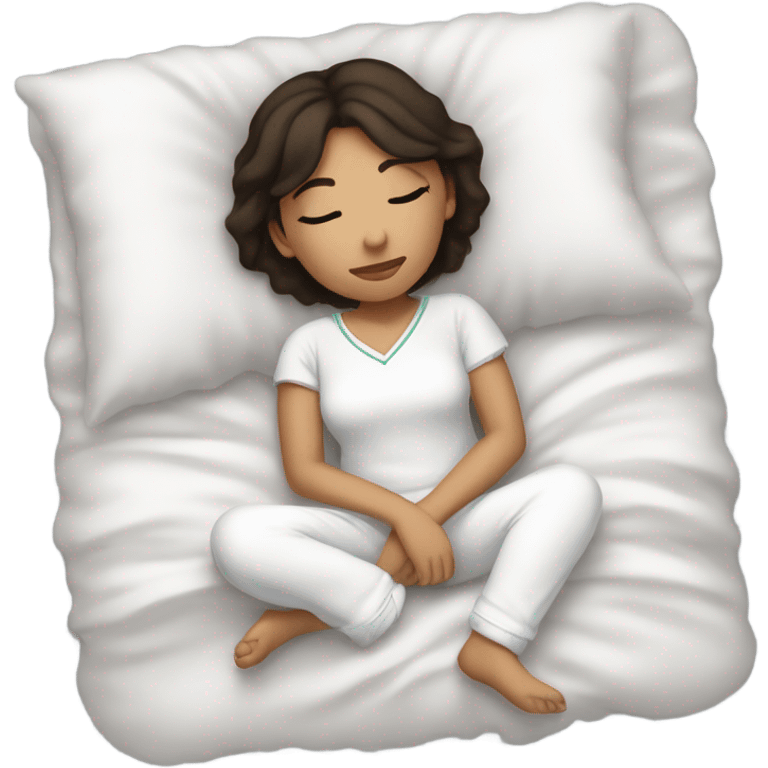 Teen girl cozyly sleeping short dark brown hair wearing white pjs emoji