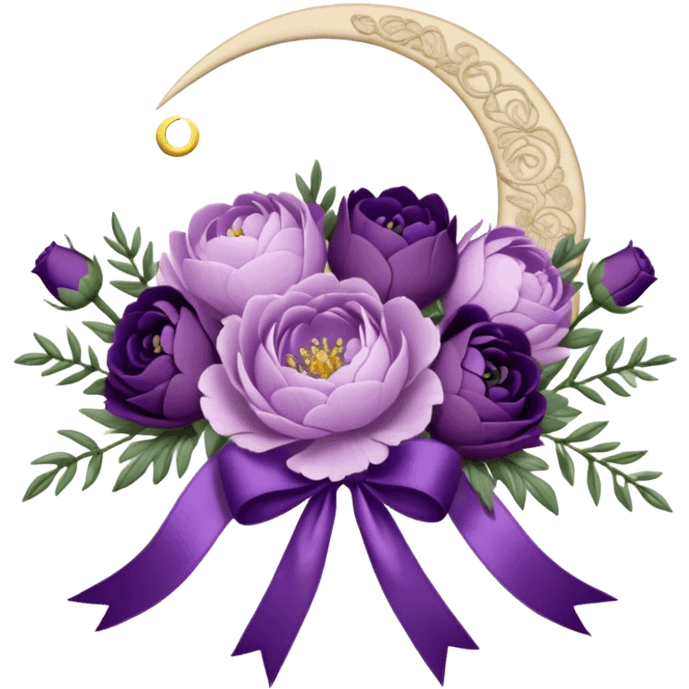 A vintage bouquet of lavender-hued peonies, deep violet roses, and soft lilac pansies, tied together with a silk ribbon in shades of plum and amethyst, rests beneath the glow of a crescent moon. Scattered around are tiny embroidered hearts on a delicate lace handkerchief, while the scent of dried lavender lingers in the cool evening air. emoji