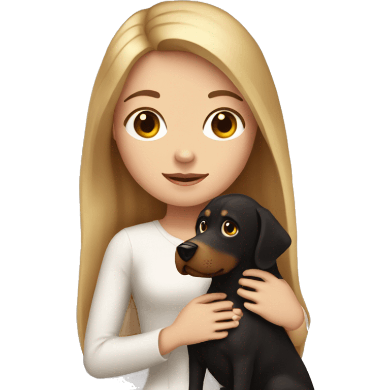 White girl with black long hair holding a brown dog like golden but chocolate  emoji