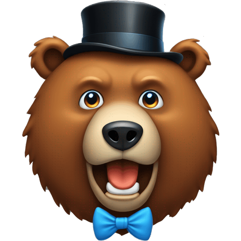 brown bear with oranger snout, and jaw with blue eyes, bottom teeth and a black top hat emoji