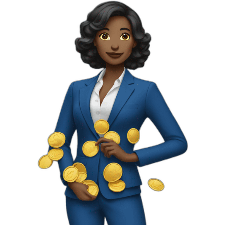 Posh-woman-with-blue-suit-holding-golden-coins emoji