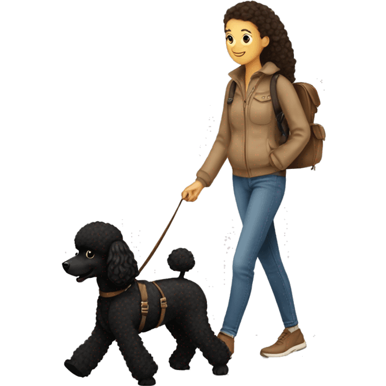 3 legs One Small unshaved Black Poodle with brown harness is walking with a pretty girl emoji