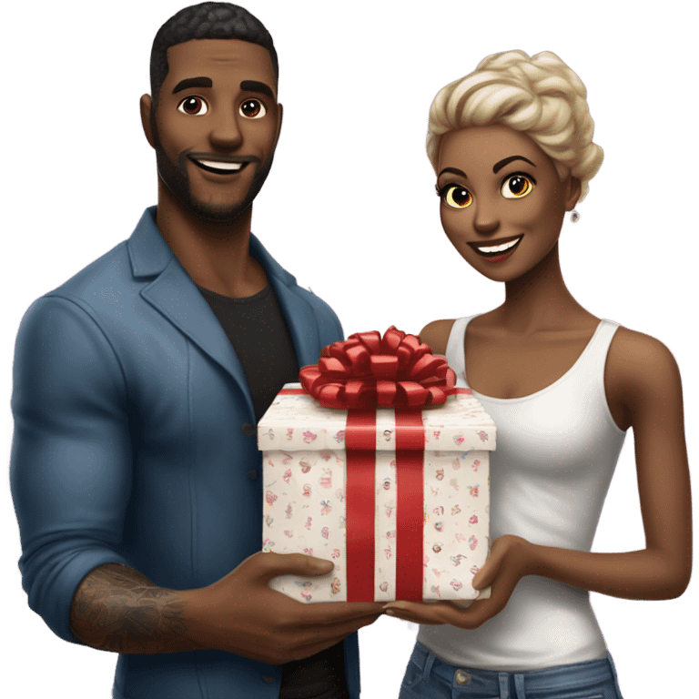 Hyper Realistic beautiful woman receiving a gift and a box of chocolates from a handsome tattooed man  emoji