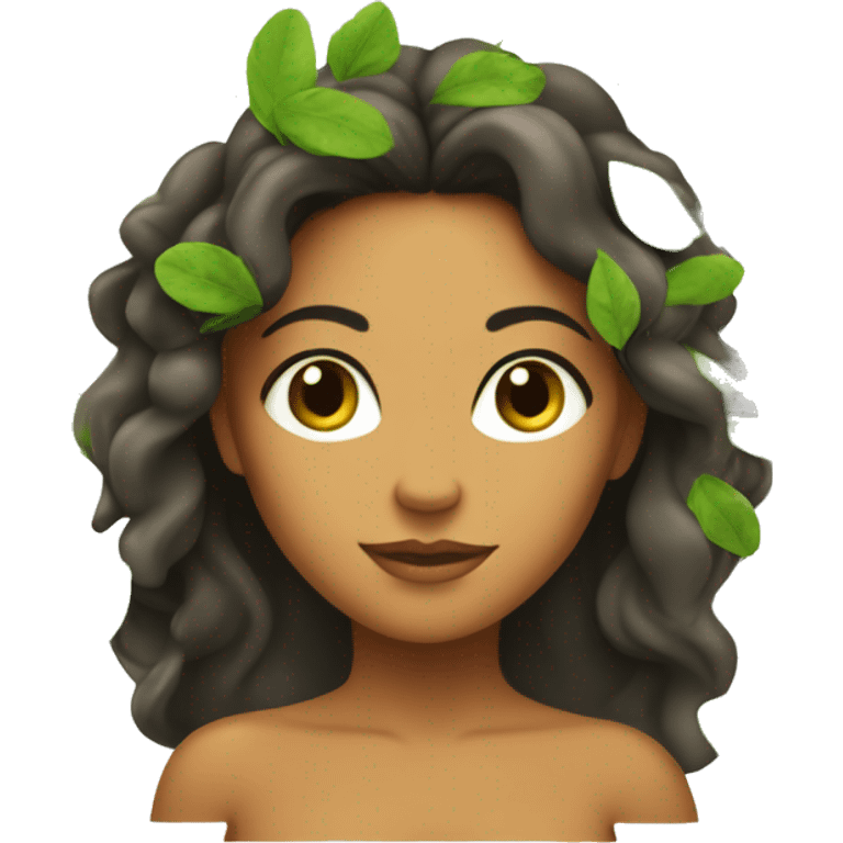 eve, woman, tanned skin, with leaves covering the main parts of the body (adam and eve) emoji