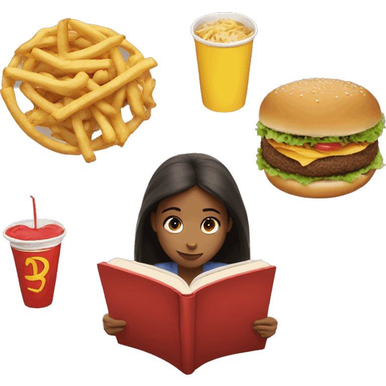 girl reading fictional book with fast food placed behind her emoji