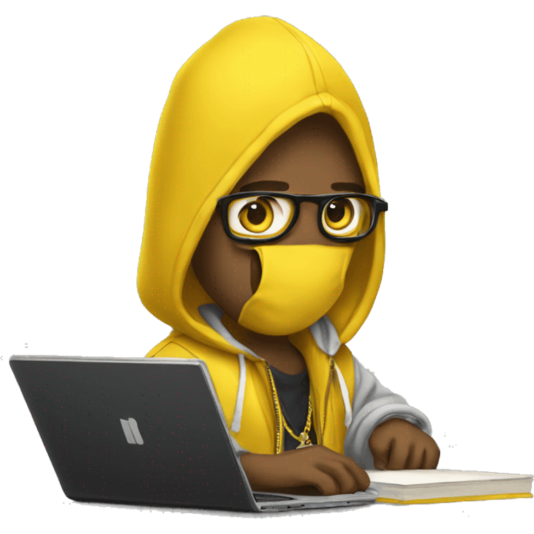 rapper wearing yellow with a mackbook emoji