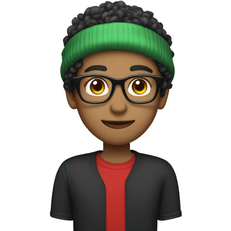 Unisex person ’light skin’ ’short curly dark green hair’ in a ’red Santa hat’ and black tshirt and round glasses  emoji