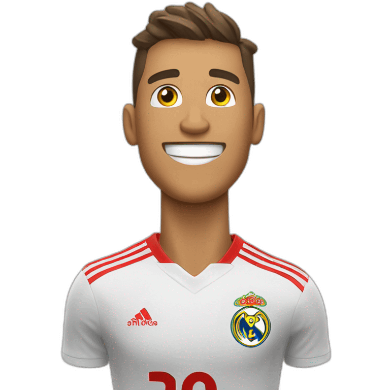 Design an emoji showcasing a joyful footballer, akin to Cristiano Ronaldo, gleefully snapping photos with a camera, embodying the excitement of capturing memorable moments on the field. emoji