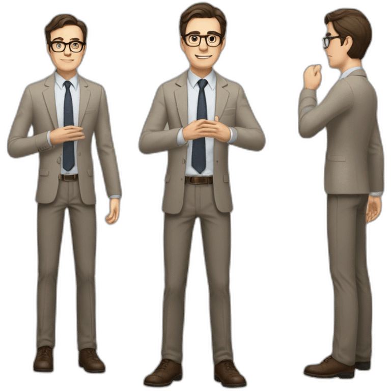 Full height Actively gesturing with hands Pale skinned fit man with dark brown hair in gray jacket, beige office shirt, brown tie, brown pants and vintage glasses. emoji