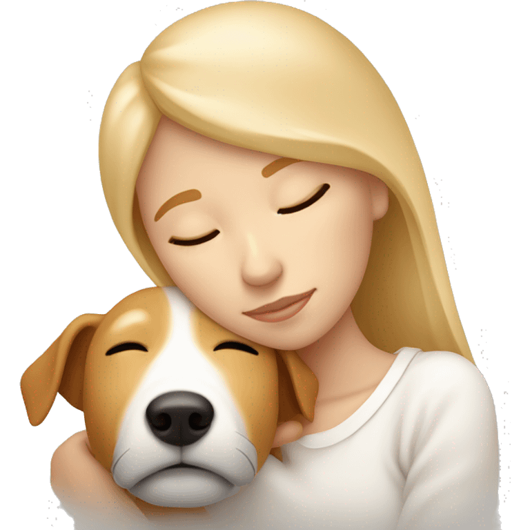 White blonde girl who sleeping in bed and cuddle with her jack russel who have is full light brown / light orange  colour emoji