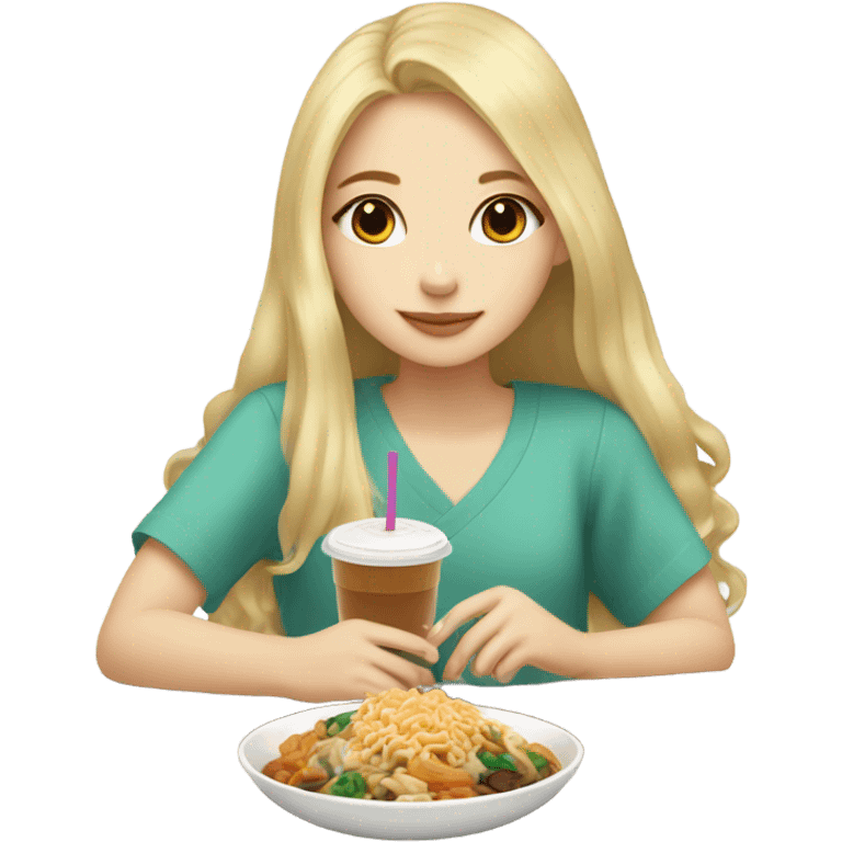  Blonde long hair girl eating Korean food and drinking boba emoji