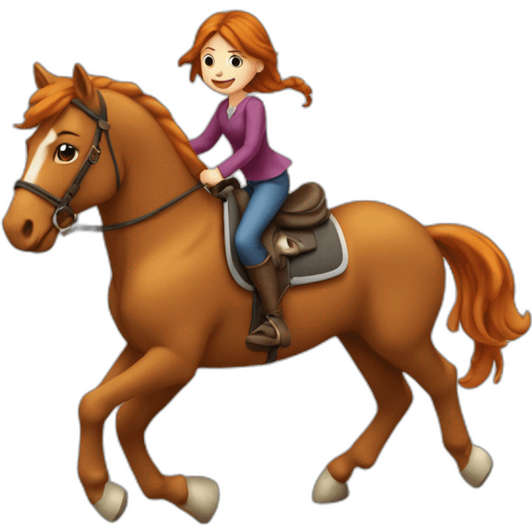 Fille rousse sur un cheval qui saute un obstacle emoji