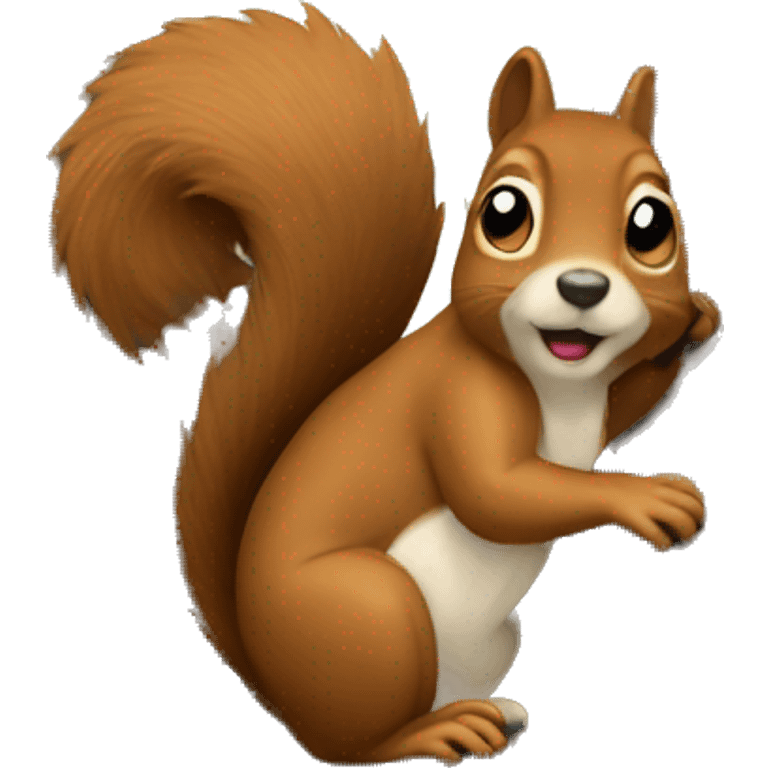 A squirrel in a tree looking down at a dog emoji