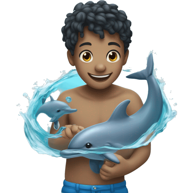 smiling boy in water holding hands with dolphin emoji