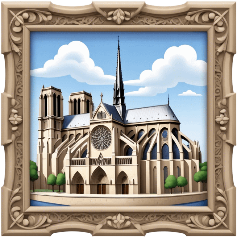 Cinematic Realistic Notre-Dame Cathedral Landmark Emoji, showcasing the Gothic splendor of the cathedral rendered with detailed stone carvings and majestic, soft lighting. emoji