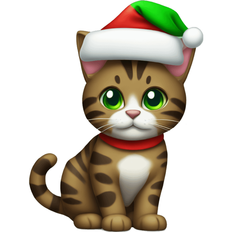 Dark brown tabby cat with green eyes wearing Christmas hat emoji