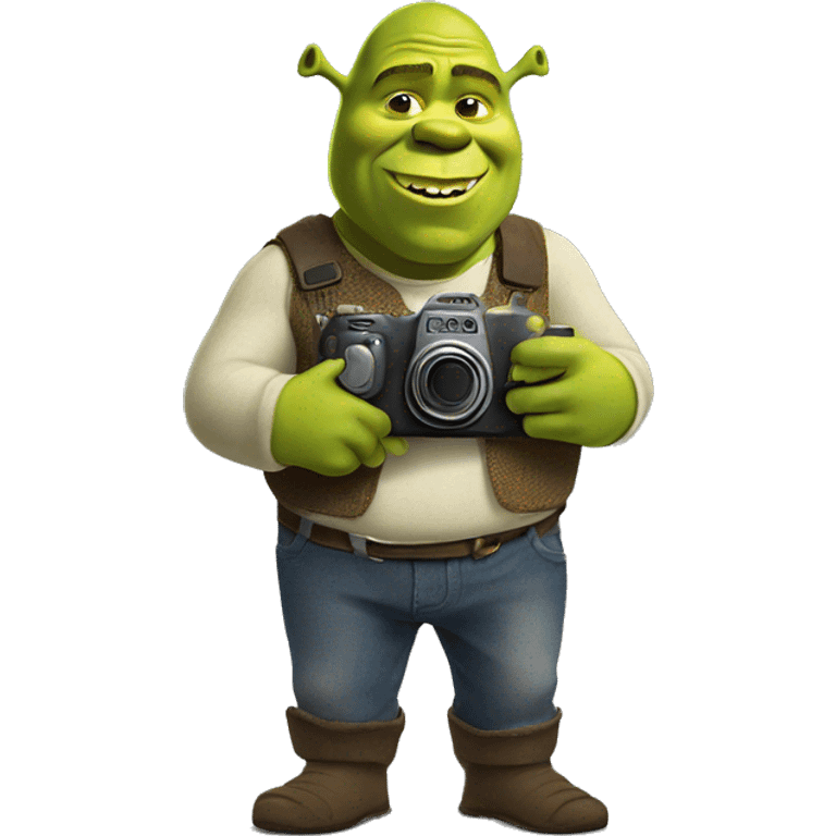 Shrek holding a camera emoji