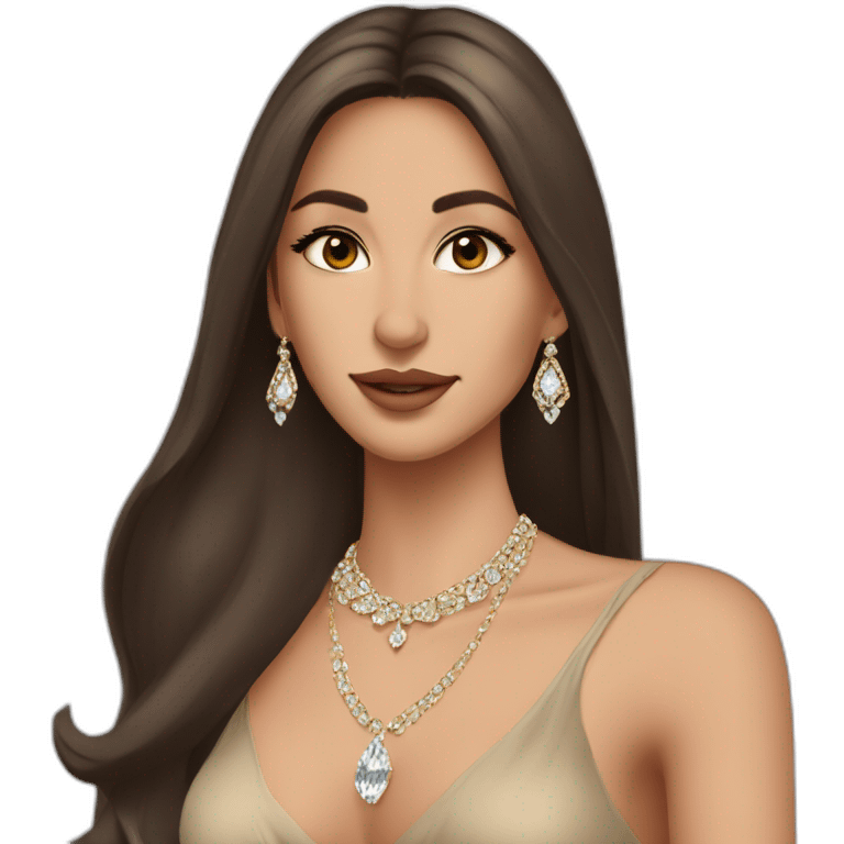 beautiful brunette arabian girl with smooth skin long hair beige lipstick wearing low neck dress with a diamond necklace emoji