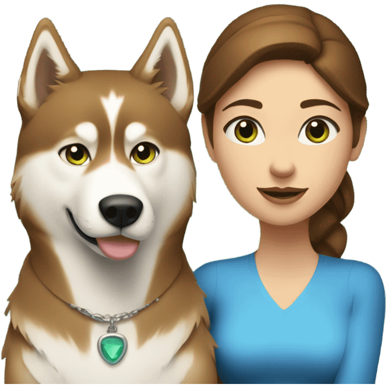 Brown hair  woman with blue eyes with a golden Husky with green eyes emoji