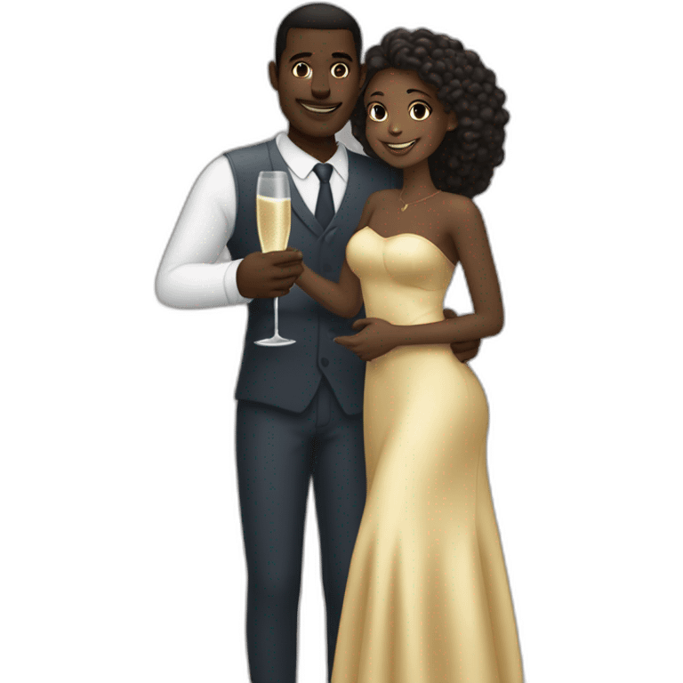 Tall darkskin man with champagne, hugging short lightskin woman emoji