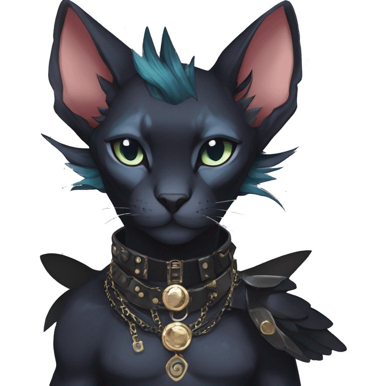 cool punk kawaii anime edgy distinguished pretty elegant beautiful fantasy black ethereal nargacuga-Noivern-sphynx-Quiana-Fakemon collar harness jewels full body emoji