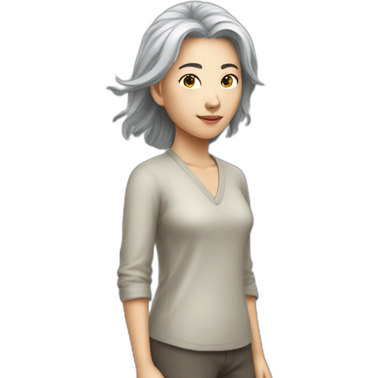 Chinese lady grey hair head down foot up pasture emoji