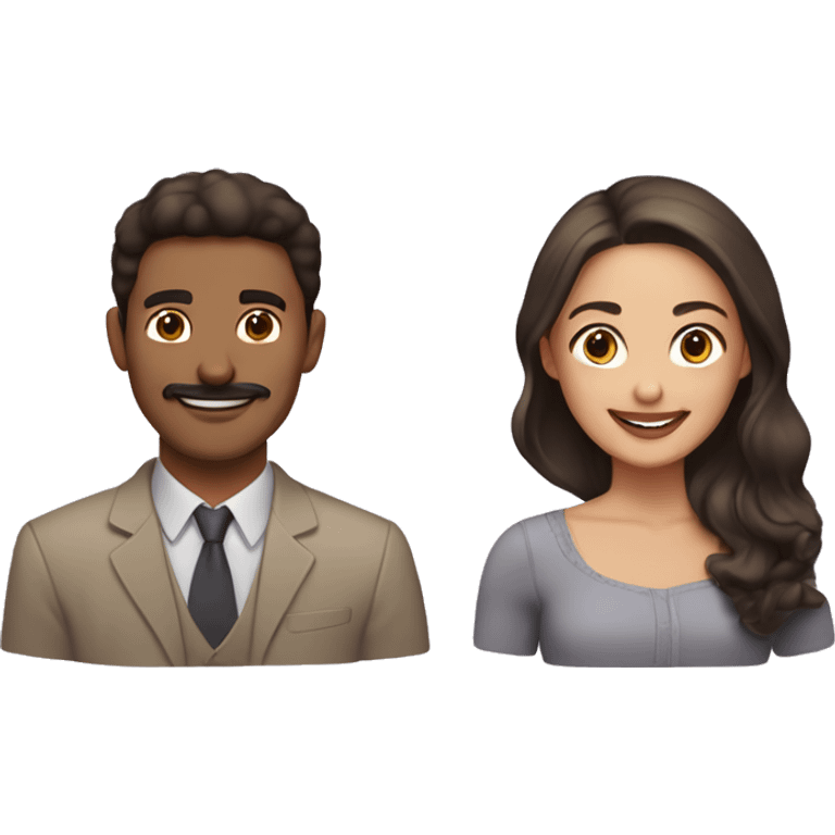 woman with dark brown hair and light tan skin smiling with a man with brown hair and fair skin with a faint mustache emoji