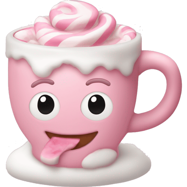 baby pink chrsitmas mug with pink milk and chocolate milk swirl and marshmellows emoji