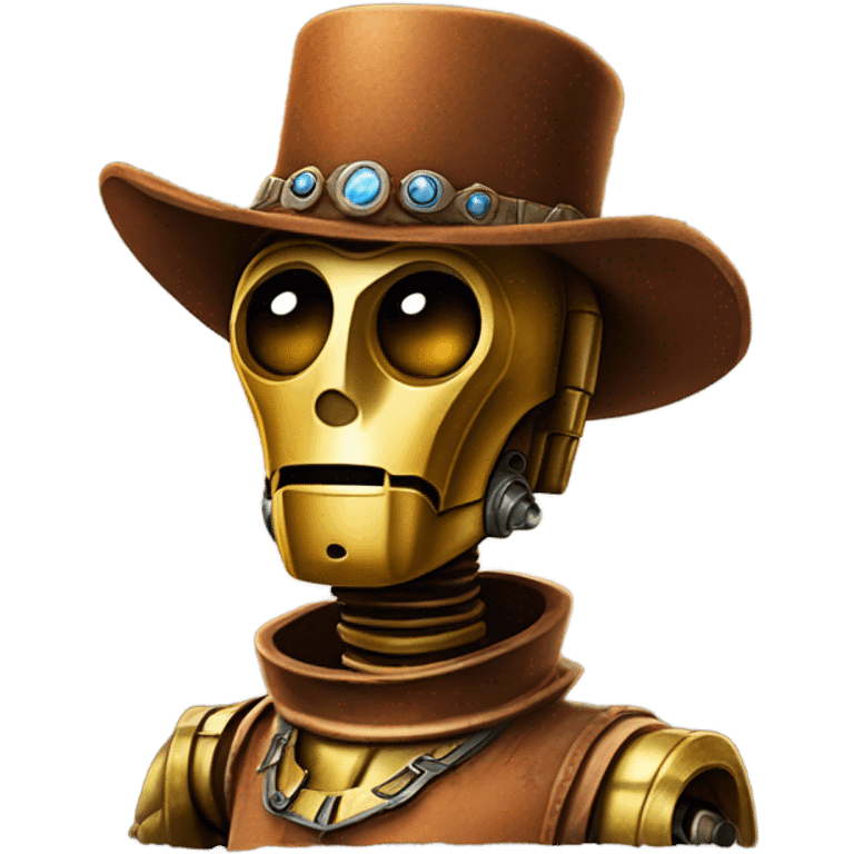 wild west Bounty hunter C3po wearing a small hat relaxed pose bearded rusty emoji