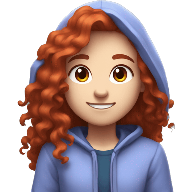 a white girl with long red curly hair and freckles, wearing periwinkle Minecraft hoodie playing a videogame smiling emoji