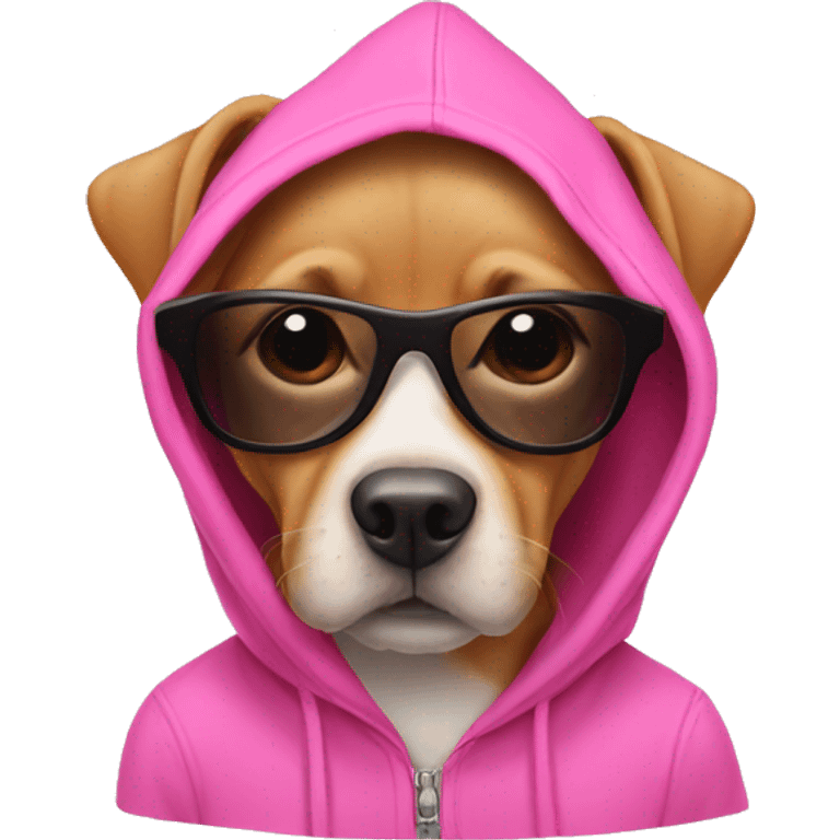 Dog wearing a pink hoodie with sunglasses  emoji