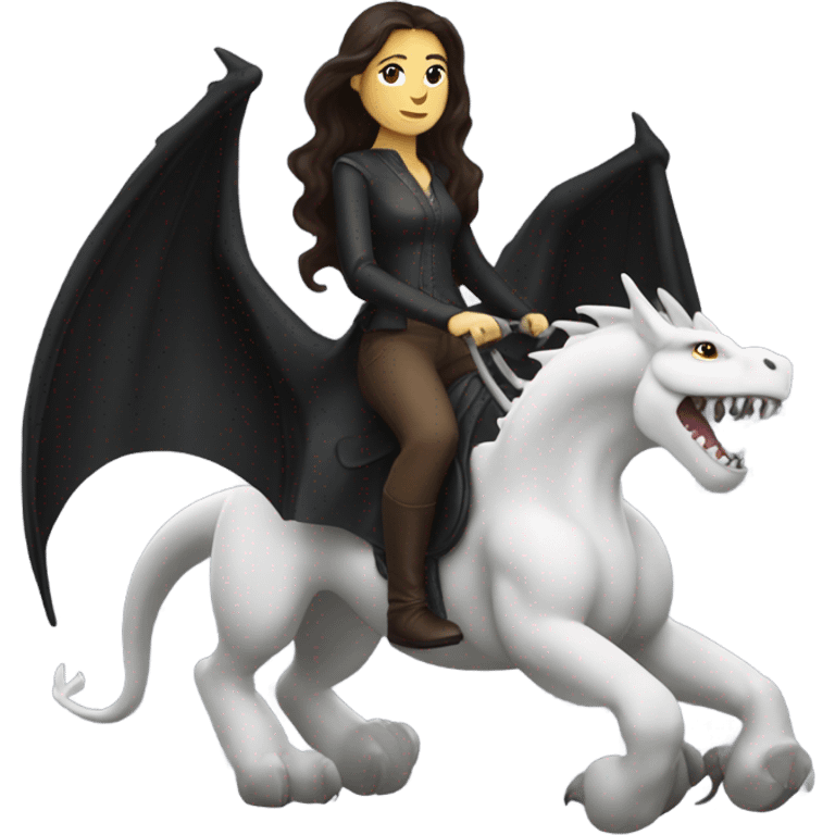 Beautiful white woman with long wavy dark brown hair riding on top of a black dragon emoji