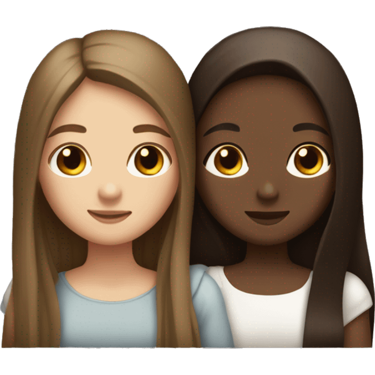 Two girls hugging one white skin  with long straight brown hair and the other with brown skin long dark brown hair  emoji