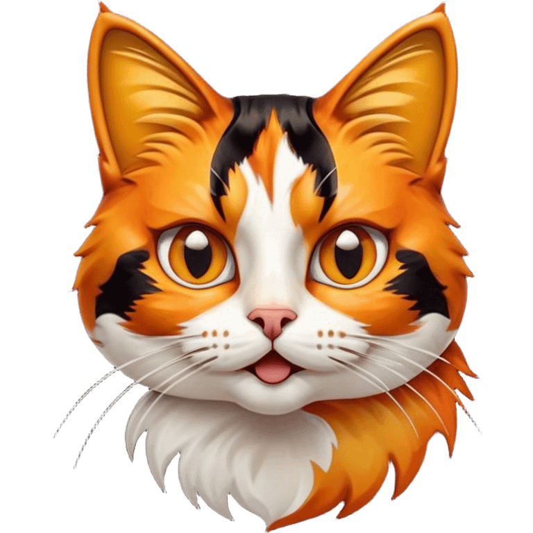 Cinematic Comical Calico Cat Portrait Emoji, Head tilted dramatically with an exaggeratedly surprised expression, showcasing a vibrant patchwork fur of orange, black, and white with wide, comically expressive eyes, simplified yet hilariously detailed, glowing with a sassy, golden radiance, high shine, exuding playful mischief and cheeky feline attitude, styled with a soft glowing outline, capturing the essence of a calico cat that looks ready to leap off the screen with mischievous flair! emoji