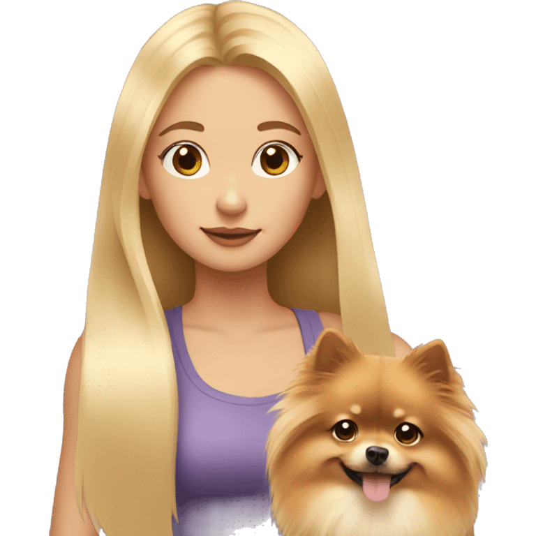 girl with long blond hair holding a Pomeranian emoji