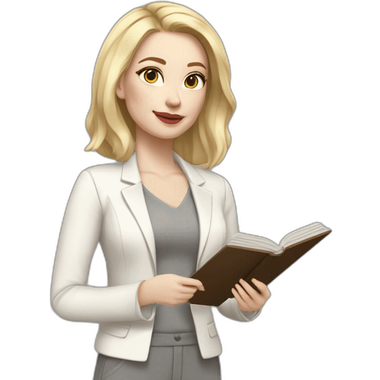 pale skin woman with blonde straight line Hair to shoulders, White classical jacket, Gray Palazzo pants holding a color palette in the hands emoji