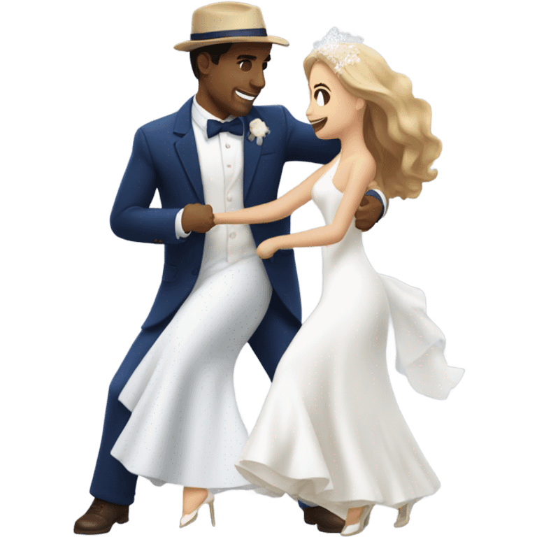 Puerto rican beard short brown hair with blue hat and navy blue suit first dance with blond long hair girl with white  wedding dress  emoji