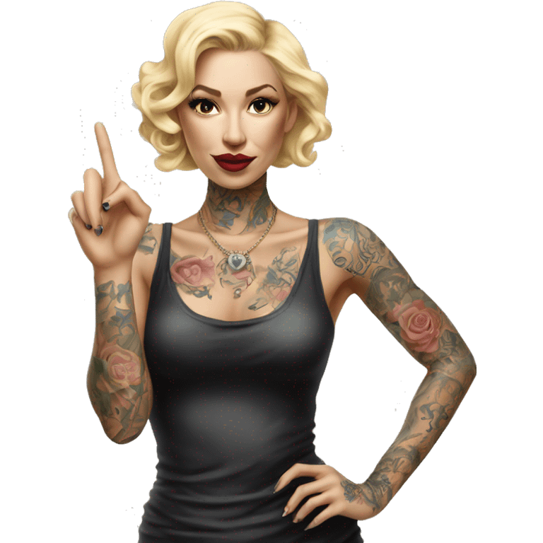 Blonde elegant women, her Body Covered with Tattoos, POINTING YOU with her HAND , Hyper realistic emoji