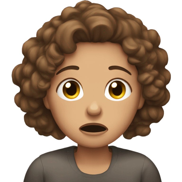 woman with curly brown hair crying at her phone emoji