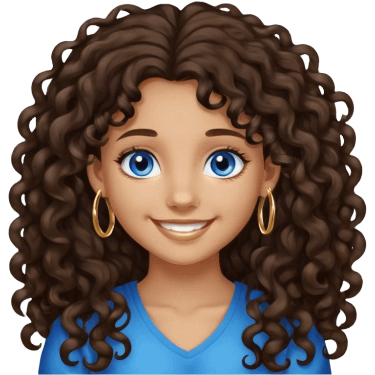 Girl with long dark brown loose curly hair and blue eyes with medium skin and small gold hoops smiling  emoji