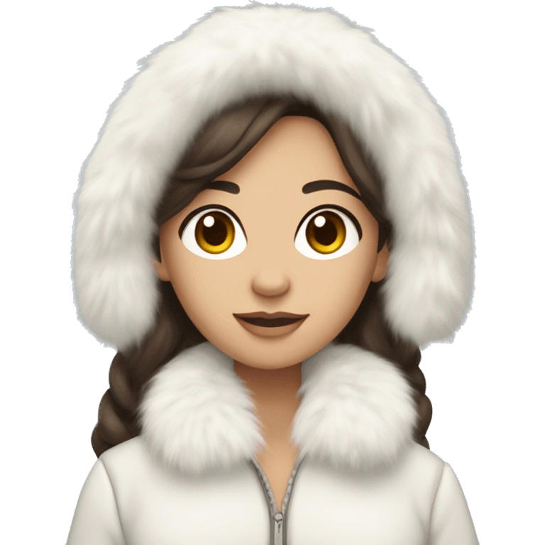 brunette girl with long hair with a light  skin color and light grey eyes wearing fluffy white ear muffs and a white fur coat  emoji