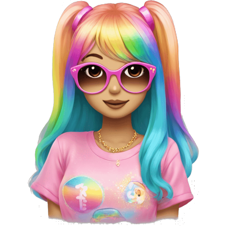 hime gyaru girl, rainbow hair with sparkle, colorful clothes, pink sunglasses emoji