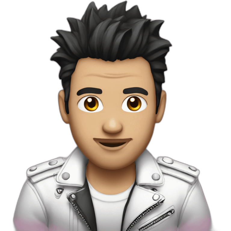 Punk male,dark hair, with white leather jackect,pink tshirt emoji