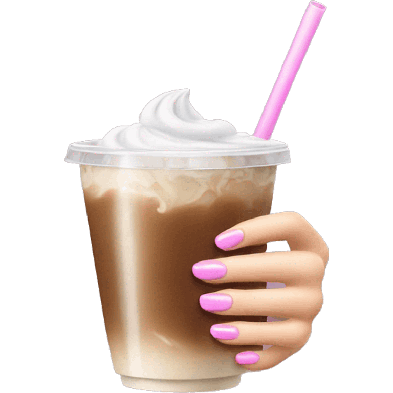 white left female hand with long pink nails clutching iced  coffee emoji