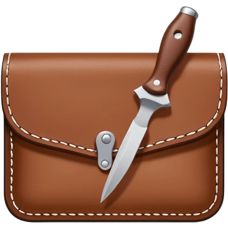 Leatherworking icon, piece of raw leather being crafted into a leather wallet or belt, professional tools like leather stitching awl, edge beveler, hammer, prying tool, minimalistic style, clean lines, transparent background. emoji