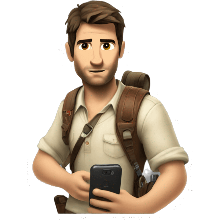 nathan drake with a smartphone emoji