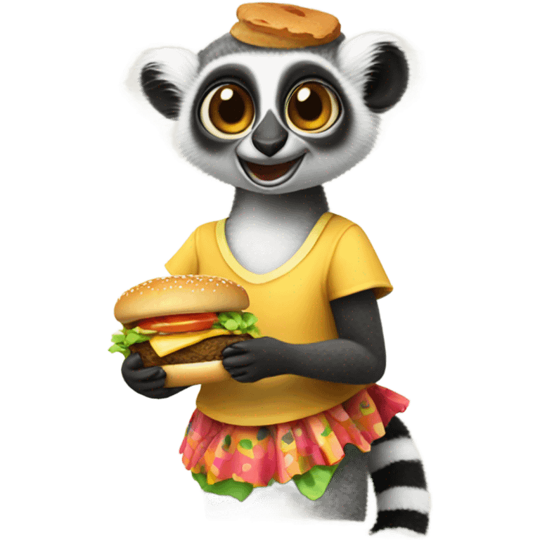 lemur wearing a skirt and eating a burger emoji