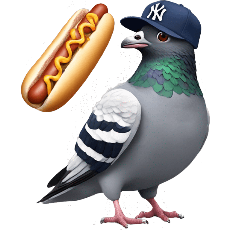 pigeon wearingpigeon wearing New York yankee hat while smashing a hotdog New York yankee hat while eating a hotdog emoji