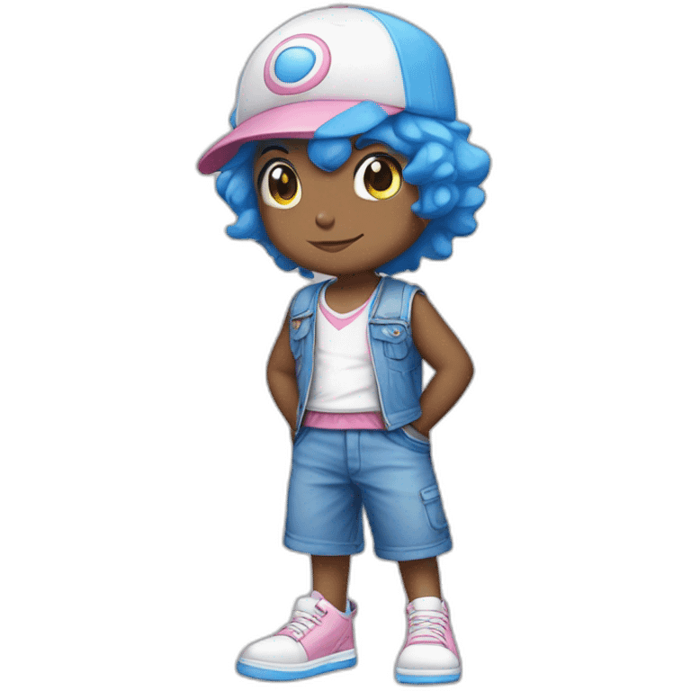 I want a drawing of a child with a pokemon hat, blue hair, a white t-shirt with a blue pokemon vest, lead-colored shorts and white shoes with pink laces. emoji